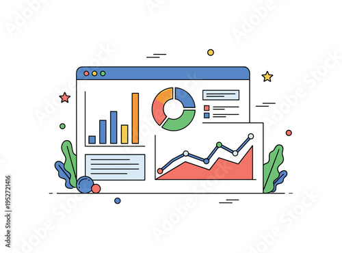 Digital analytics overview scene with a simplified dashboard screen showing a bar graph, pie chart, and line graph combined into one compact layout. The image