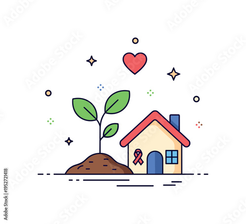 Hope and second chance theme centered on a small sprouting plant growing beside a modest shelter icon, conveying renewal, dignity, and long-term community