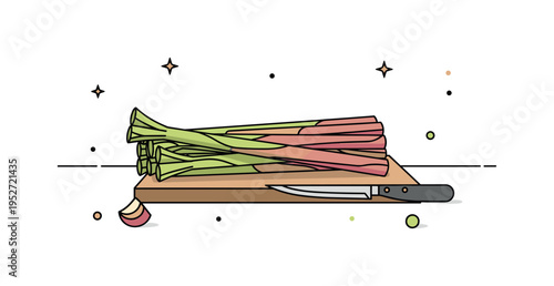 Rhubarb kitchen still life bundle of stalks resting on a cutting board with a small knife nearby. A calm and balanced editorial scene capturing rustic cooking
