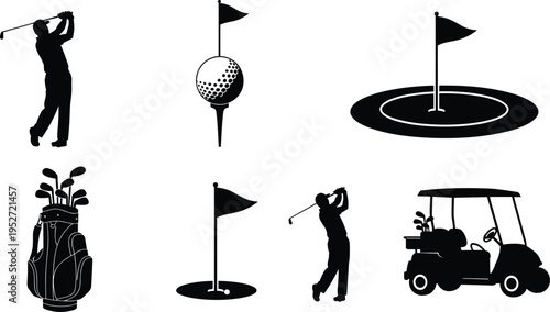 Golf silhouette set with player swing, golf cart, flag, ball and equipment isolated on white background, sport activity, leisure game, outdoor recreation concept