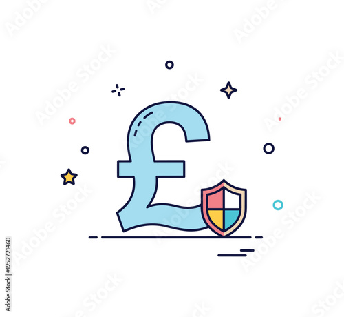 Pound sterling stability concept showing a pound sign resting on a subtle base line with a small shield accent, symbolizing strength and financial security.