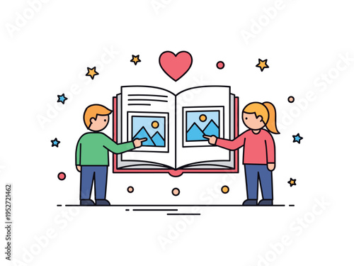 Family storytelling through albums open photo book placed between two simplified figures pointing at a picture together, suggesting shared reflection and