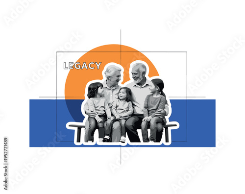 Black and white grandparents sitting with grandchildren on a bench, oversized warm orange circle behind them symbolizing legacy, cobalt blue rectangular block