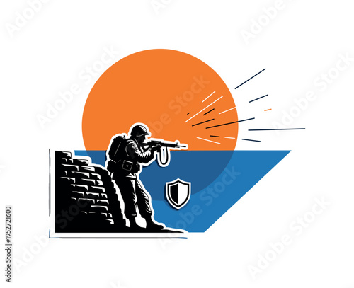 Black and white retro-style soldier silhouette leaning against trench wall, large orange circle behind the upper frame, blue diagonal geometric block creating