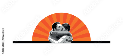 Monochrome embrace between two people centered softly, bold orange half-circle behind like radiant warmth, thin horizontal baseline grounding the figures,