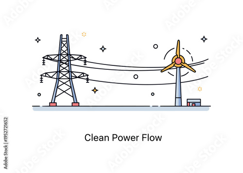 High voltage wires renewable integration concept where a transmission line connects visually to a small wind turbine icon, illustrating modern energy