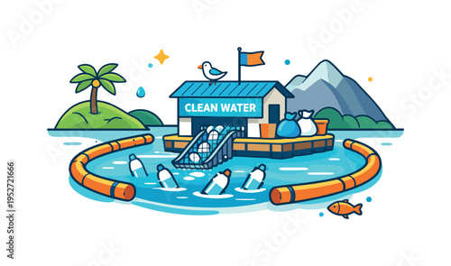 River and coastal waste control in remote regions floating collection barriers guiding plastic bottles toward a small cleanup station marked Clean Water. The