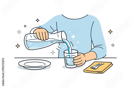 Water carafe on a dining table. A person calmly pouring water from a simple glass carafe into a small tumbler, quiet everyday moment with gentle movement lines
