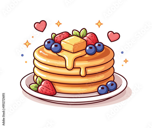 Sweet breakfast comfort pancakes a warm stack topped with berries and butter while small heart icons and sparkles suggest comfort and satisfaction from a