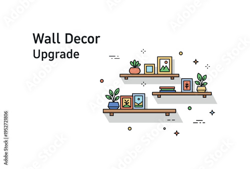 Modern wall decor upgrade illustrated by two staggered floating shelves with small framed art and plant accents, conveying stylish arrangement and vertical