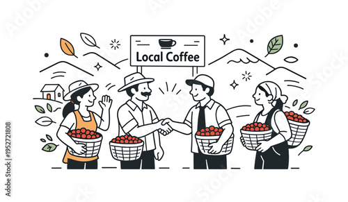 Mountain Coffee Farming Community. Small group of farmers carrying baskets of coffee cherries and greeting each other near a simple sign reading ?Local