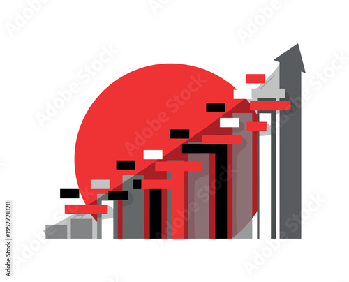 Monochrome upward trending bar chart enlarged and partially cropped, intersected by a large red semicircle and abstract rectangular blocks