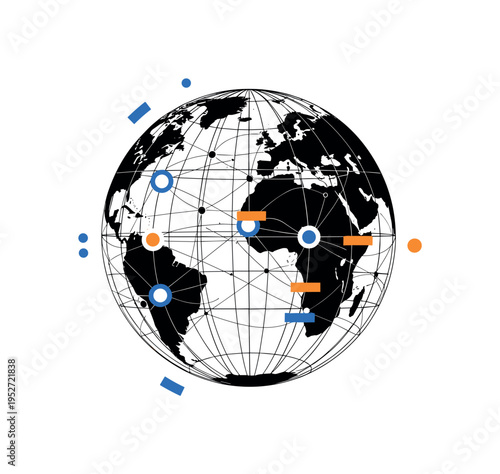 A monochrome globe constructed from thin geometric grid lines, intersected by flat circular nodes and rectangular color accents symbolizing global networking,