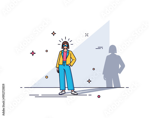 Studio fashion shoot scene featuring a standing model framed by a single bright light beam and subtle shadow cast behind, symbolizing editorial sophistication