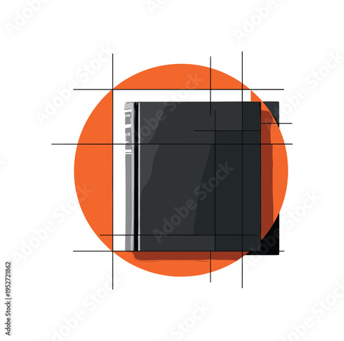 Black and white vintage hardcover book slightly open with pages transforming into geometric pixel blocks, bold blue rectangle beneath the book as digital