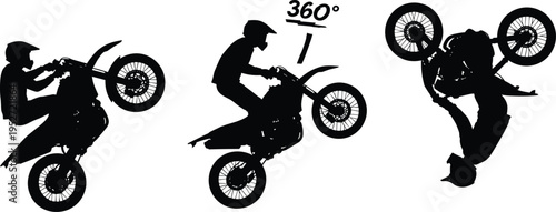 Motorcycle stunt silhouette set with rider performing wheelie and 360 degree flip isolated on white background, extreme sport, motocross action, adrenaline, freestyle biking concept