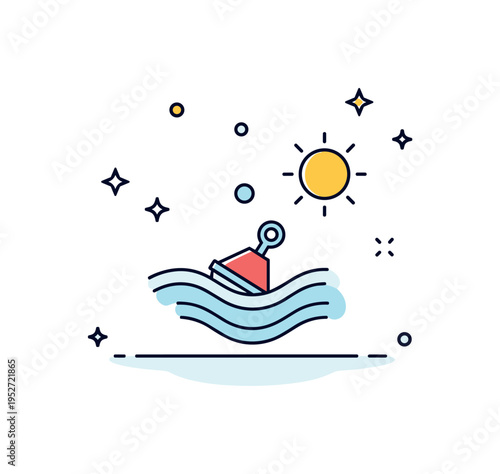 Summer seaside atmosphere small buoy drifting under a simple sun icon with soft curved wave patterns. A cheerful micro scene evoking relaxation and coastal