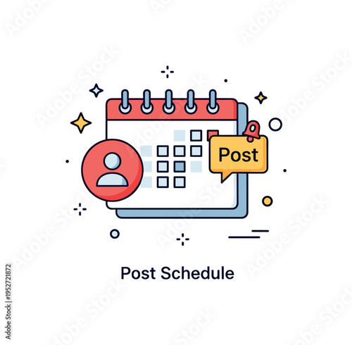 Shareable content concept content scheduling theme featuring a calendar page combined with a post icon and small notification symbol, expressing planning and