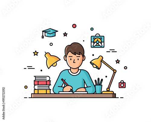 Focused study environment depicted by a student seated at a tidy desk with books and minimal distractions, symbolizing concentration and productive mindset. A