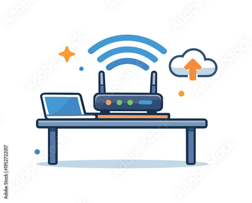 Classroom WiFi connectivity router icon radiating smooth signal waves above a simple desk with a laptop, small cloud symbol reinforcing seamless access to
