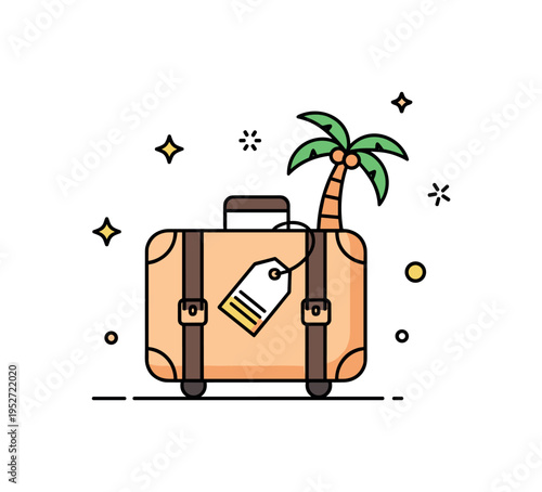 Vacation traveler theme illustrated by a small suitcase with tag and tiny palm tree accent, symbolizing relaxation and getaway excitement. The compact scene