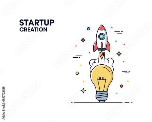 Startup creation concept featuring a small rocket launching upward from a light bulb base. The scene highlights entrepreneurial ideas turning into real world