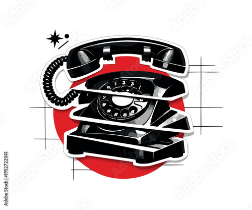 Black and white retro rotary telephone fragmented into layered cut-out pieces, intersected by bold red circle and thin geometric grid lines, small abstract