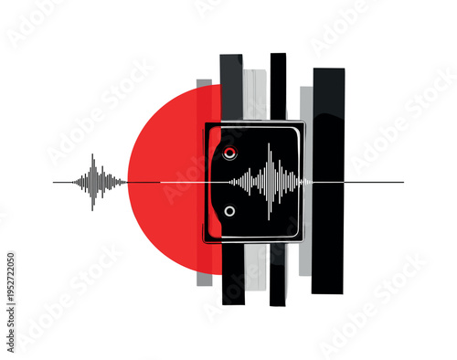 vintage intercom device in monochrome, asymmetrical layout with bold red half-circle and black abstract rectangles, subtle waveform graphic cutting through