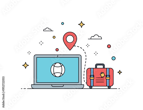 Digital nomad lifestyle centered around a laptop and small suitcase representing mobility, freedom, and work from anywhere culture. A tiny location pin icon