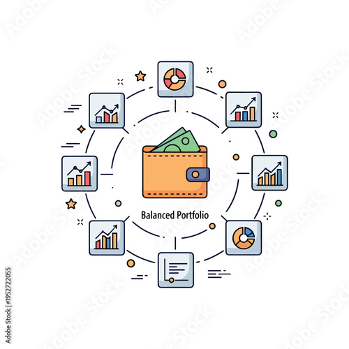 Portfolio diversification concept showing multiple small chart icons connected around a central wallet symbol. A compact ?Balanced Portfolio? text detail