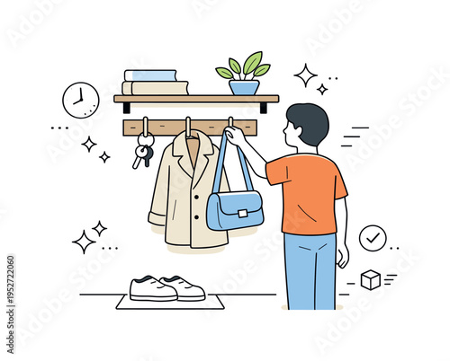 Organizing a small hallway space. A homeowner installs wall-mounted shelves and hooks, hanging a coat and placing a bag in a tidy, structured way. Focused home