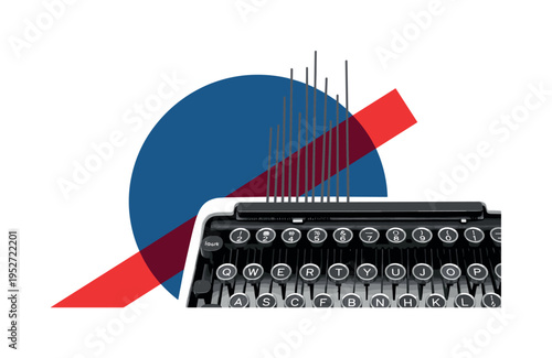 Black and white close-up of typewriter keys, oversized blue circle framing the upper half, abstract red geometric block intersecting diagonally, thin vertical