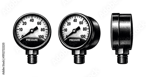 Pressure gauge dial. Black and white dot style with halftone texture and high contrast. Halftone texture with partial solid black fills smoothly transitioning