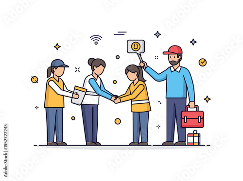 Community volunteering and helping each other in public spaces, showing cooperation, empathy, and active participation in societal well-being. Minimalist flat