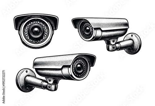 CCTV security camera presented as a single object shown in front view, side view, and angled three-quarter perspective emphasizing lens housing and mounting