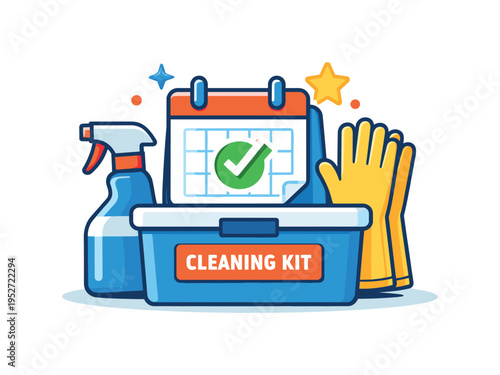 Seasonal cleaning kit storage clearly marked storage box with gloves and spray bottle arranged around a calendar symbol communicating planned organization and
