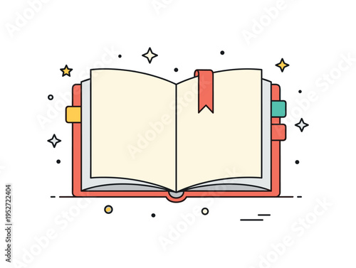 Open journal reflection scene illustrated with a small bookmark ribbon resting between two curved pages, symbolizing thoughtfulness and personal writing. The