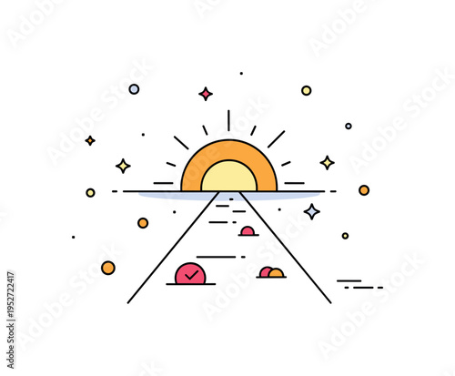 Bright horizon future vision metaphor illustrated by a simple pathway leading toward a glowing horizon circle, expressing ambition, direction and long term