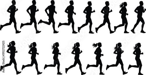 Running people silhouette collection with men and women jogging in sequence isolated on white background, fitness training, sport activity, motion, healthy lifestyle concept