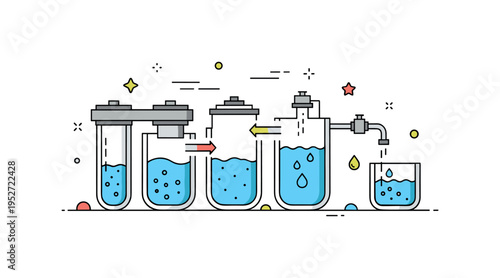 Wastewater filtration stages shown as a compact sequence of tanks with subtle arrow indicators guiding flow from contaminated to clean water, symbolizing