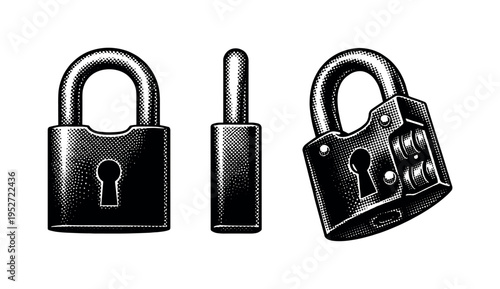 Padlock with shackle presented as a single object shown in front view, side view, and slightly angled perspective highlighting body thickness and locking