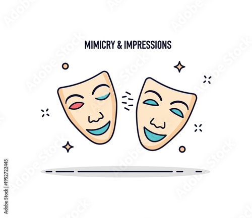 Mimicry and impressions two theatrical masks facing each other, one subtly mirroring the expression of the other with small echo lines between them. A refined