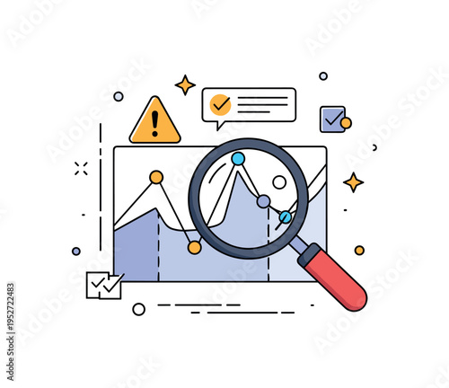 Risk assessment and financial forecasting concept visualized through a magnifying glass over a fluctuating graph with subtle warning and check icons,