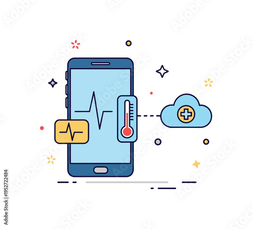 Telemedicine vital signs tracking showing a smartphone with pulse and temperature indicators linked to a tiny cloud data symbol, representing real time patient