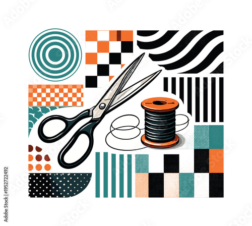 black and white sewing scissors and thread spool surrounded by repeating geometric fashion patterns, circles stripes and abstract blocks arranged like textile
