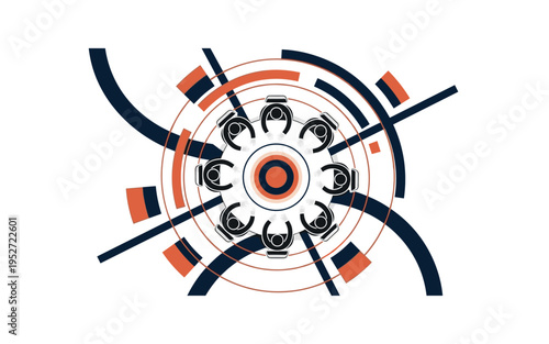 A monochrome round table viewed from above with simplified figures seated evenly, bold geometric arcs and concentric circles emphasizing collaboration flow,
