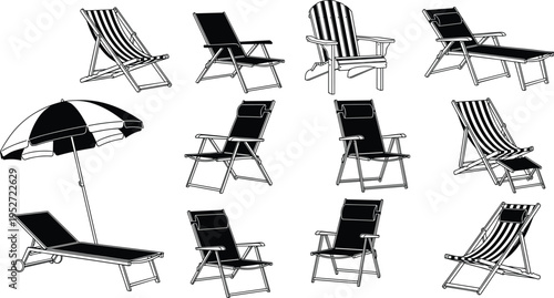 Black and white silhouette illustration showing outdoor lounge chairs, deck chairs, folding chairs, Adirondack designs, and beach umbrella furniture for relaxation, leisure, and home decor concepts