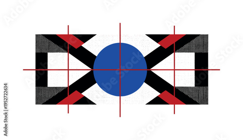 Black and white decorative textile banner simplified into bold graphic form, intense cobalt blue circle anchoring the center, deep red angular