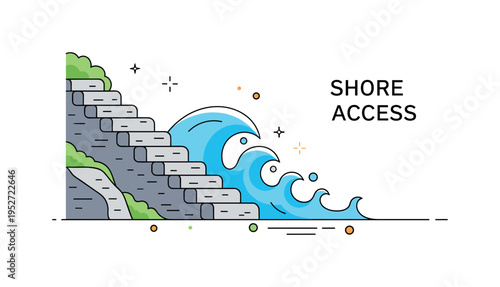 Stone steps coastal cliff concept with simple stone stairs descending toward stylized wave shapes, symbolizing journey between land and sea. The compact phrase