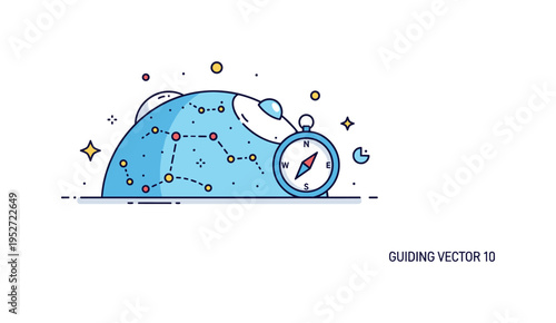 Celestial hemisphere idea expressed through a dome-shaped star map with small constellation dots and a guiding compass icon, suggesting navigation
